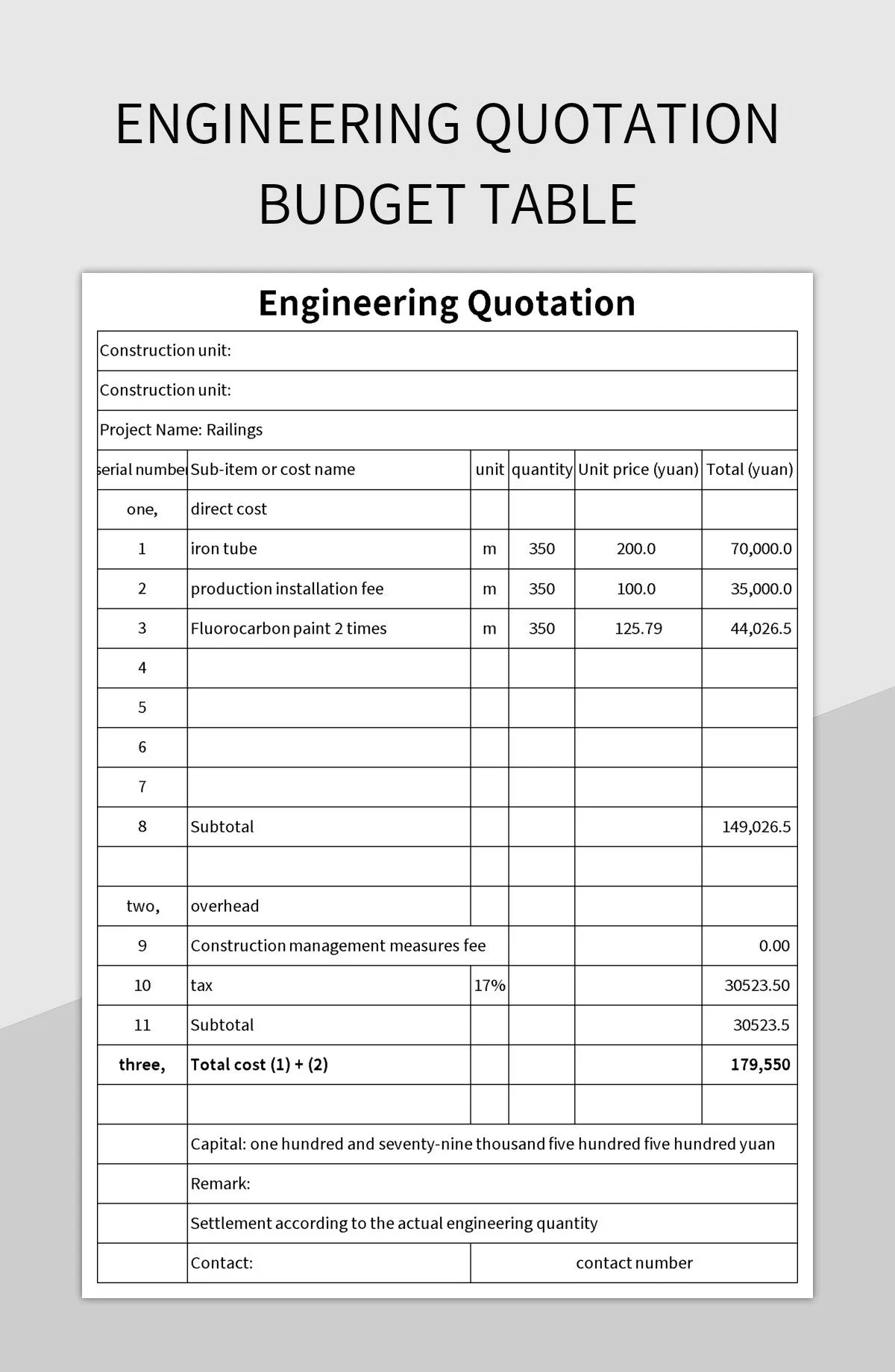 Engineering Quotation Budget Table Excel Template And Google Sheets