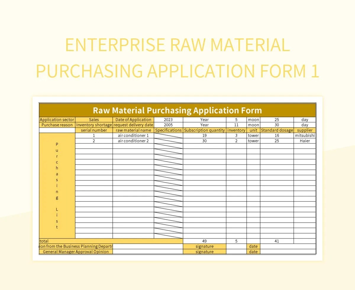 Enterprise Raw Material Purchasing Application Form 1 Excel Template And Google Sheets File For