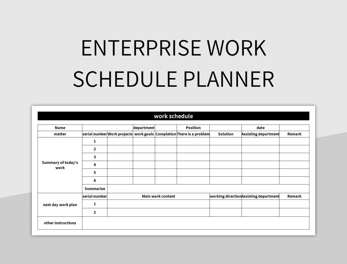 Enterprise Work Schedule Business Planner Excel Template And Google