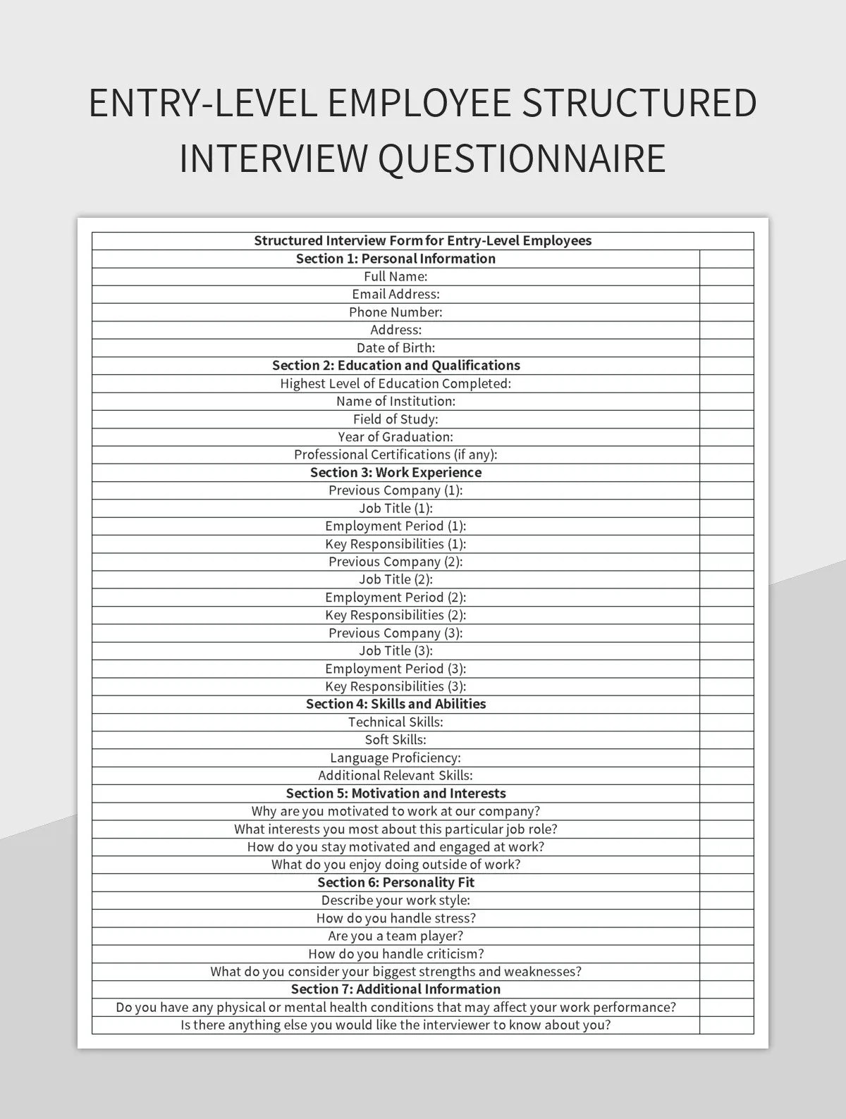 EntryLevel Employee Structured Interview Questionnaire Excel Template