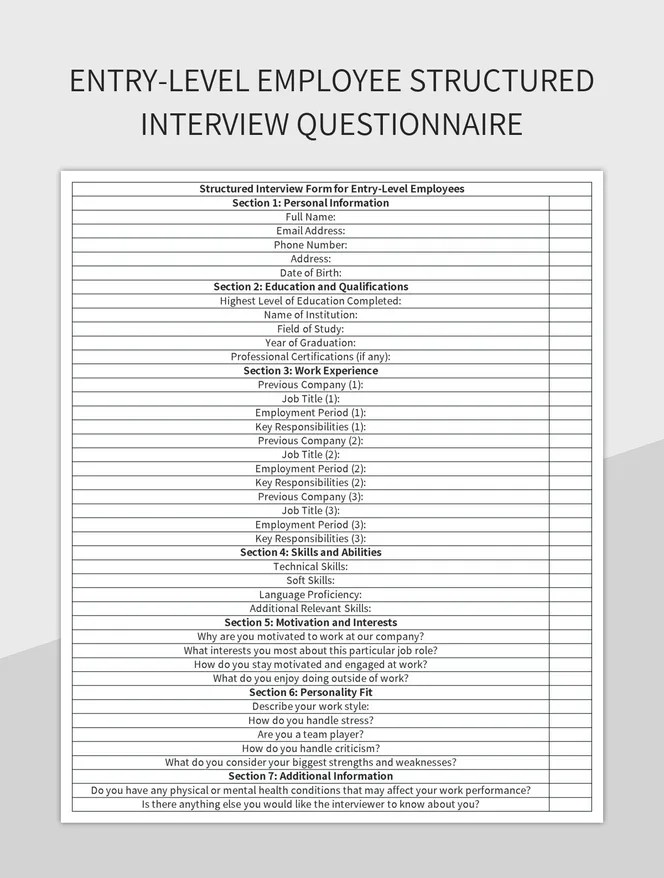 EntryLevel Employee Structured Interview Questionnaire Excel Template And Google Sheets File