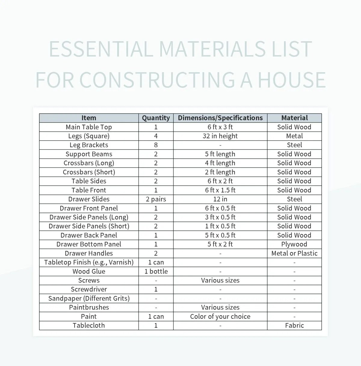 Essential Materials List For Constructing A House Excel Template And
