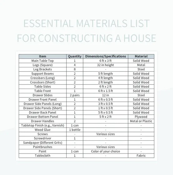 Essential Materials List For Constructing A House Excel Template And