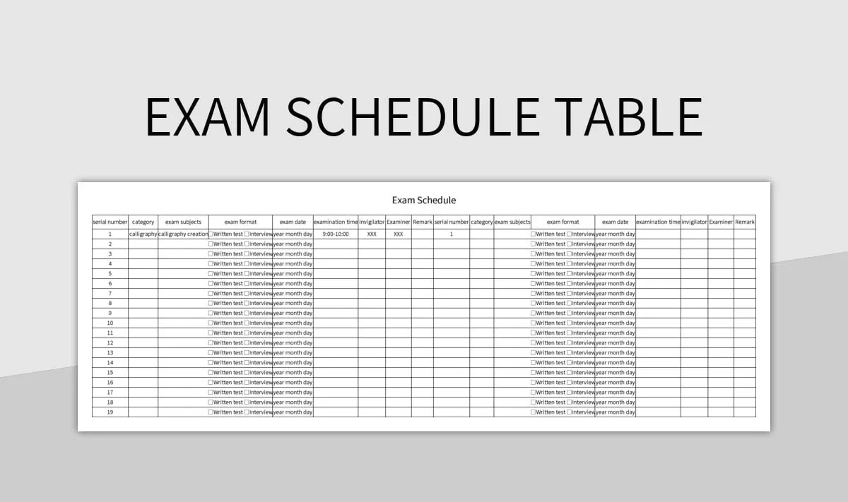 Exam Schedule Table Excel Template And Google Sheets File For Free