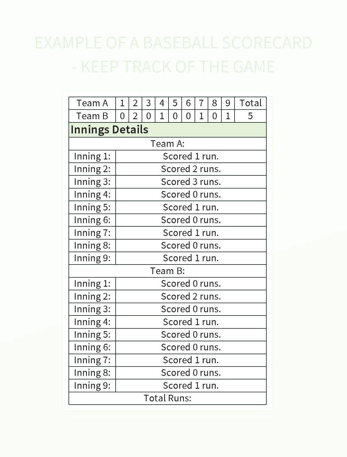 Example Of A Baseball Scorecard Keep Track Of The Game Excel Template