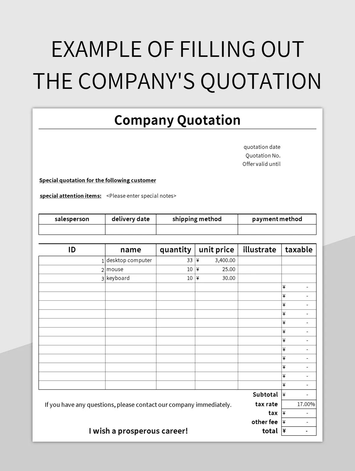 Example Of Filling Out The Company's Quotation Excel Template And