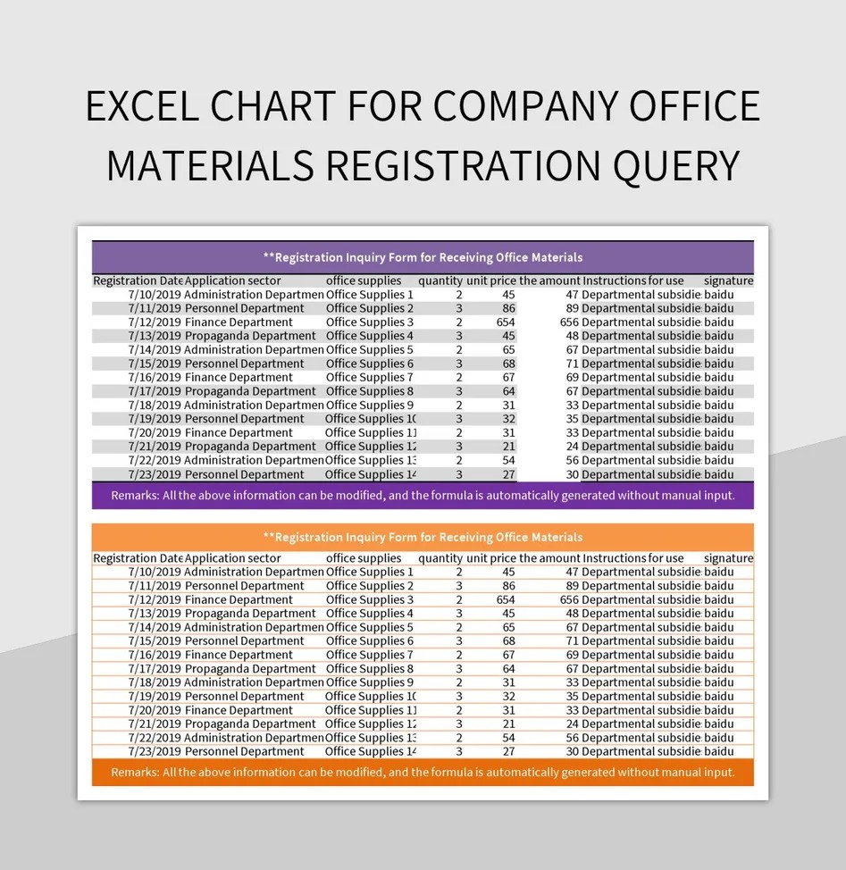 Excel Chart For Company Office Materials Registration Query Excel