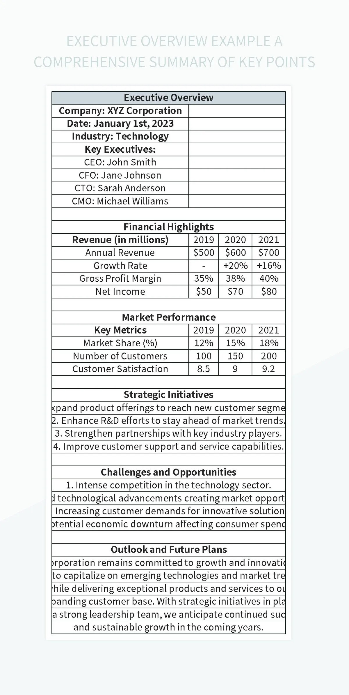 Executive Overview Example A Comprehensive Summary Of Key Points Excel