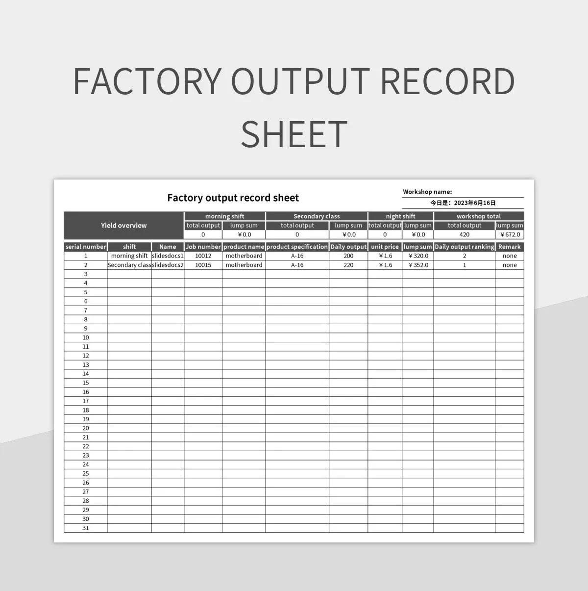 Factory Output Record Sheet Excel Template And Google Sheets File For