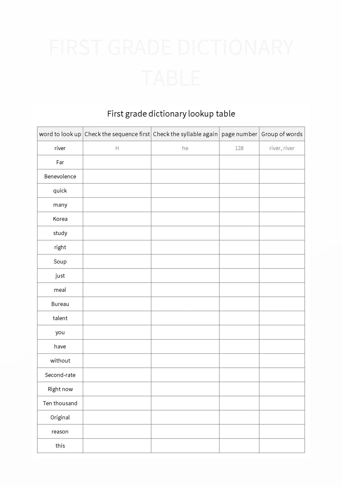 First Grade Dictionary Table Excel Template And Google Sheets File For
