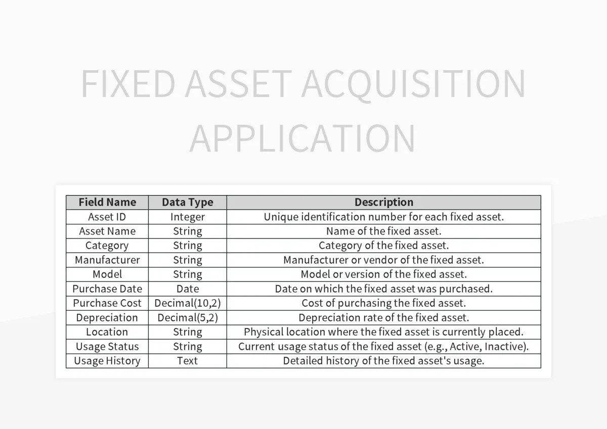 Fixed Asset Acquisition Application Excel Template And Google Sheets