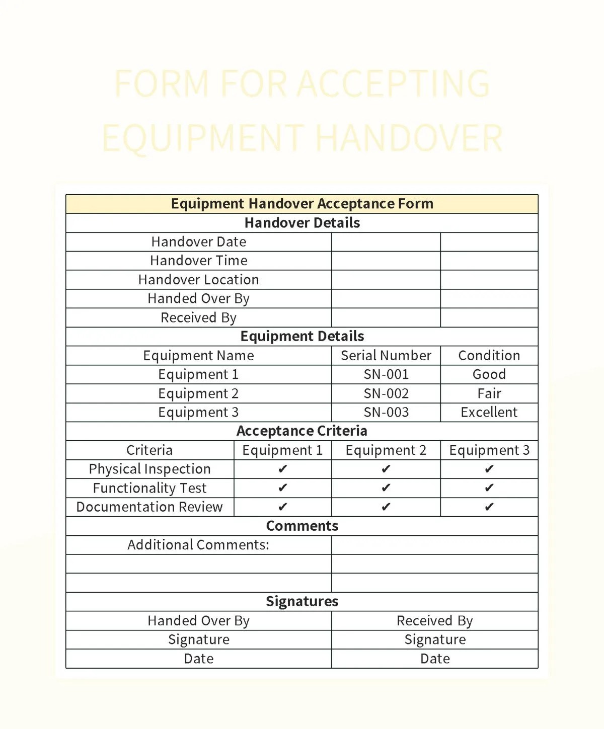 Form For Accepting Equipment Handover Excel Template And Google Sheets