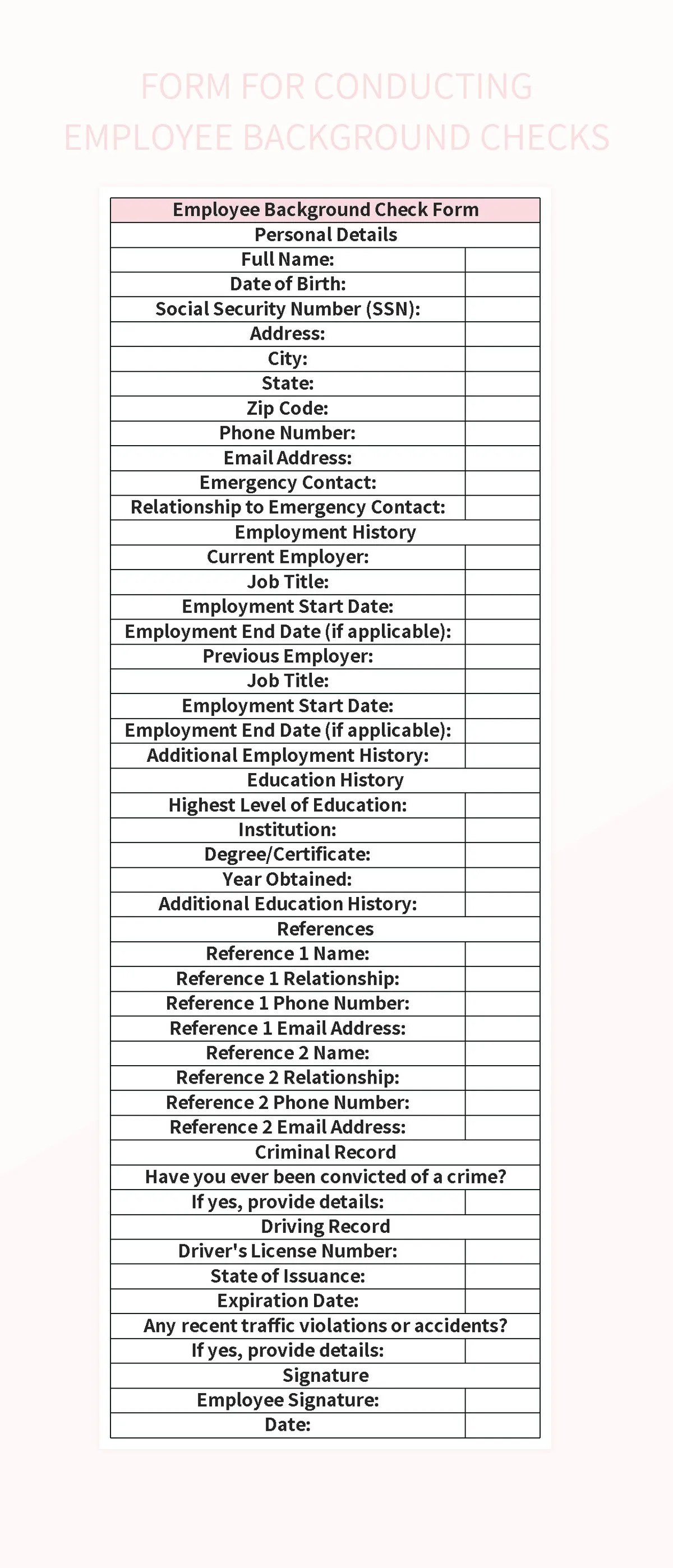 Form For Conducting Employee Background Checks Excel Template And Google Sheets File For Free