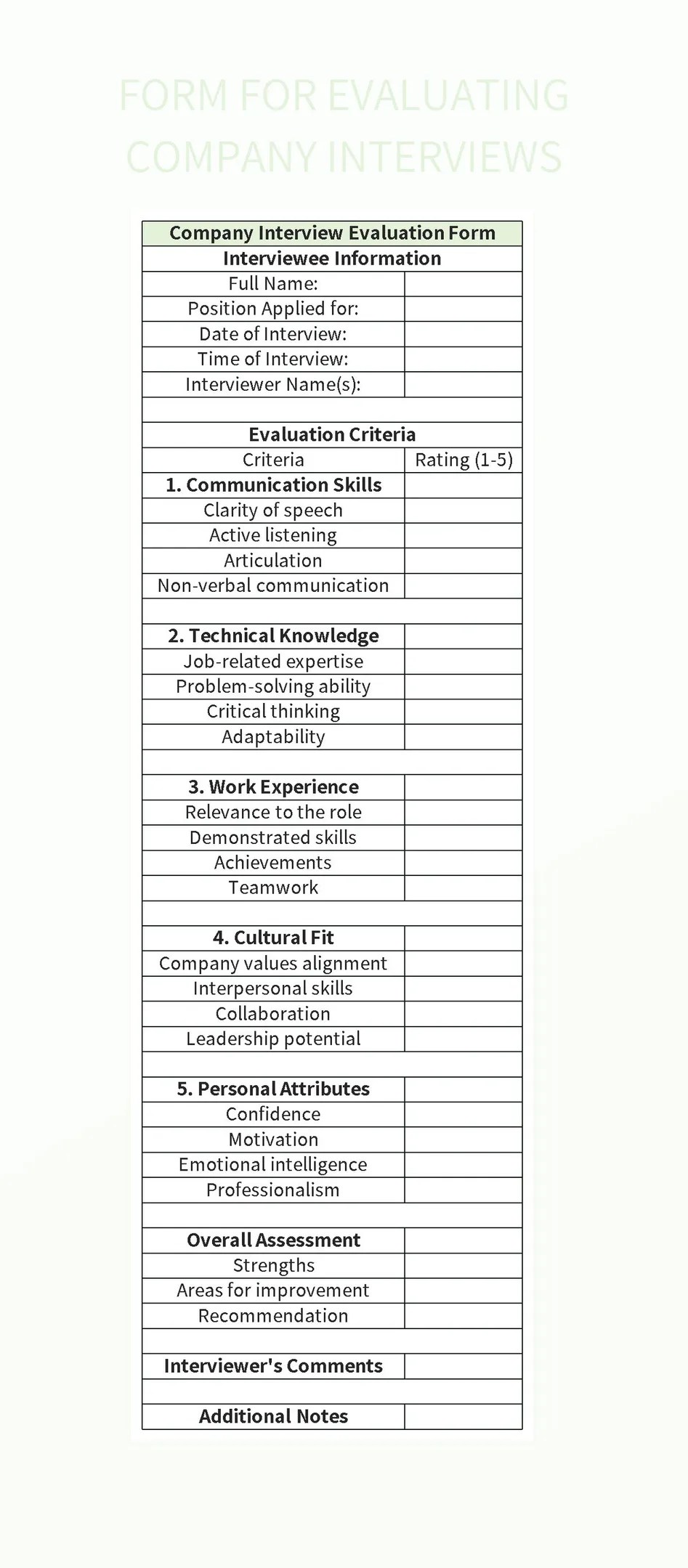Form For Evaluating Company Interviews Excel Template And Google Sheets