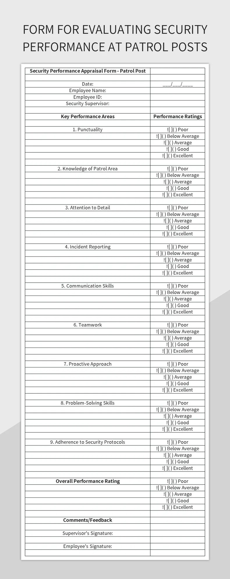 Form For Evaluating Security Performance At Patrol Posts Excel Template