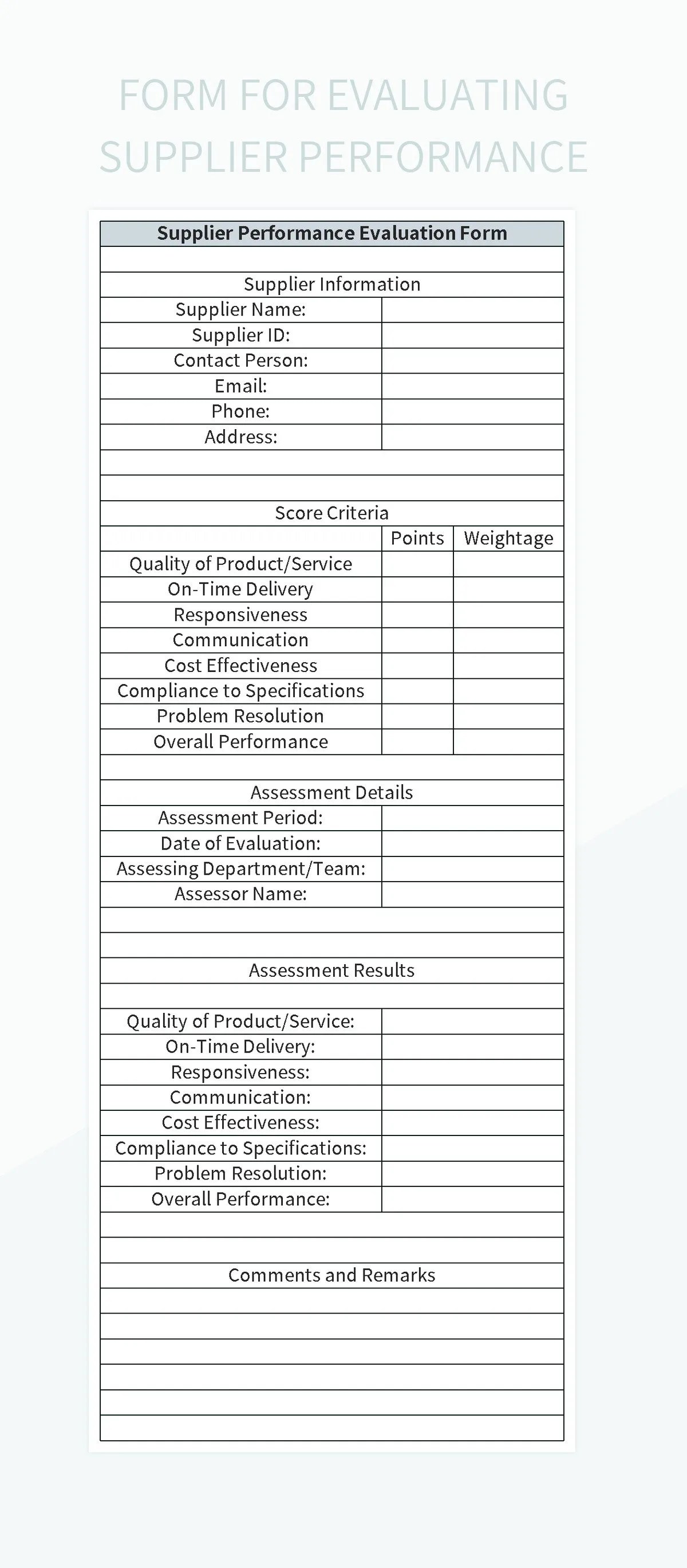 Form For Evaluating Supplier Performance Excel Template And Google