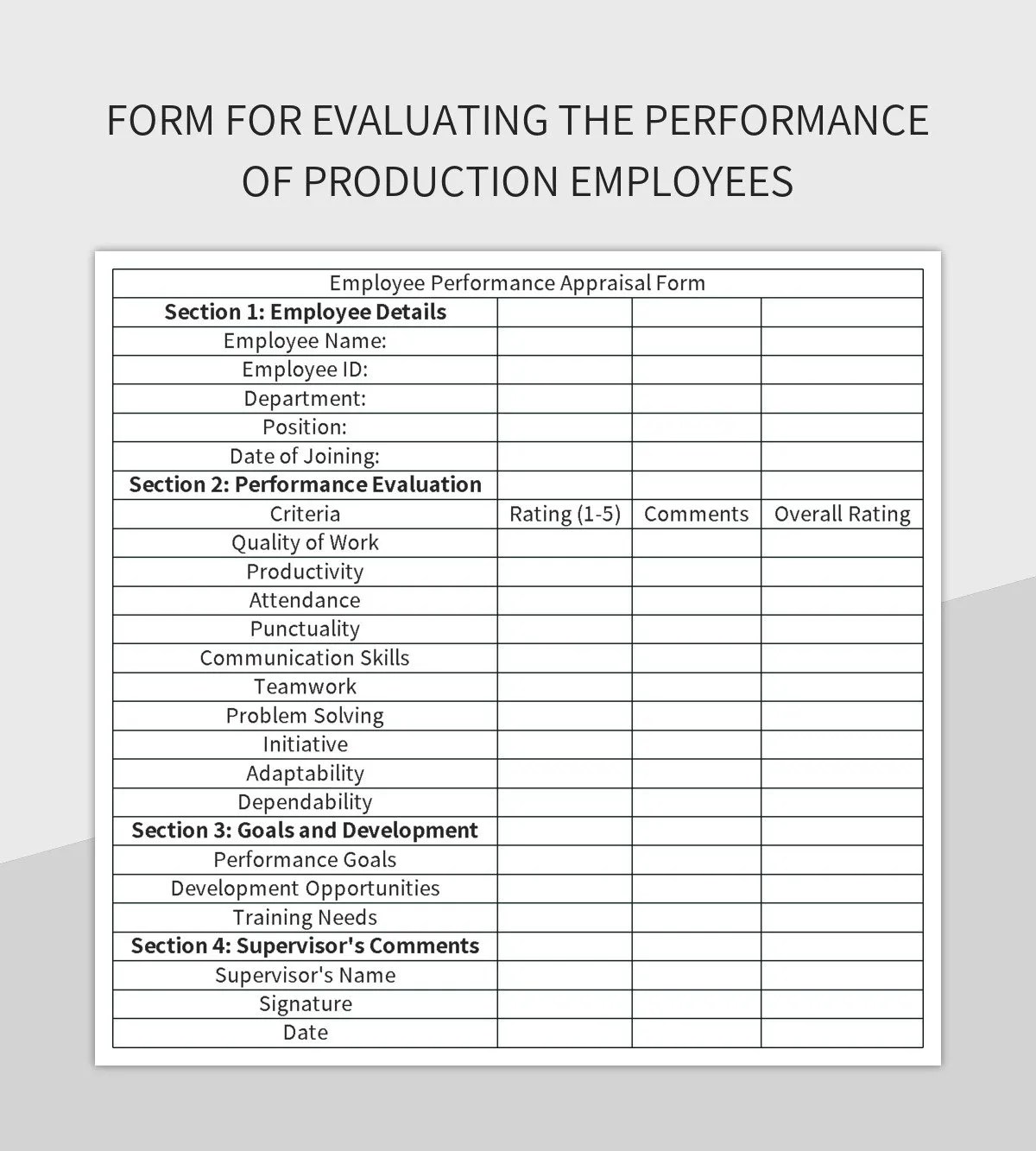 Evaluation Standards For Employees In Production Excel