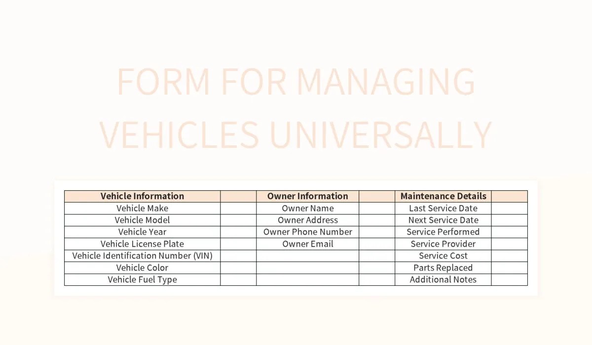 Form For Managing Vehicles Universally Excel Template And Google Sheets