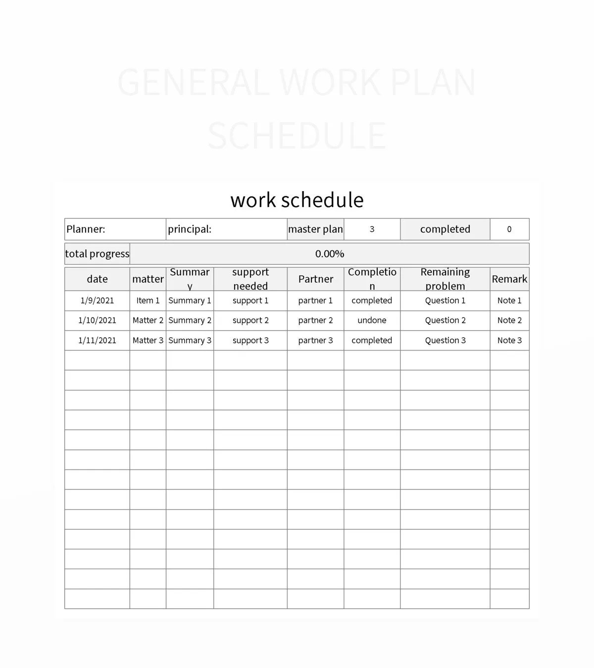 General Work Plan Schedule Excel Template And Google Sheets File For