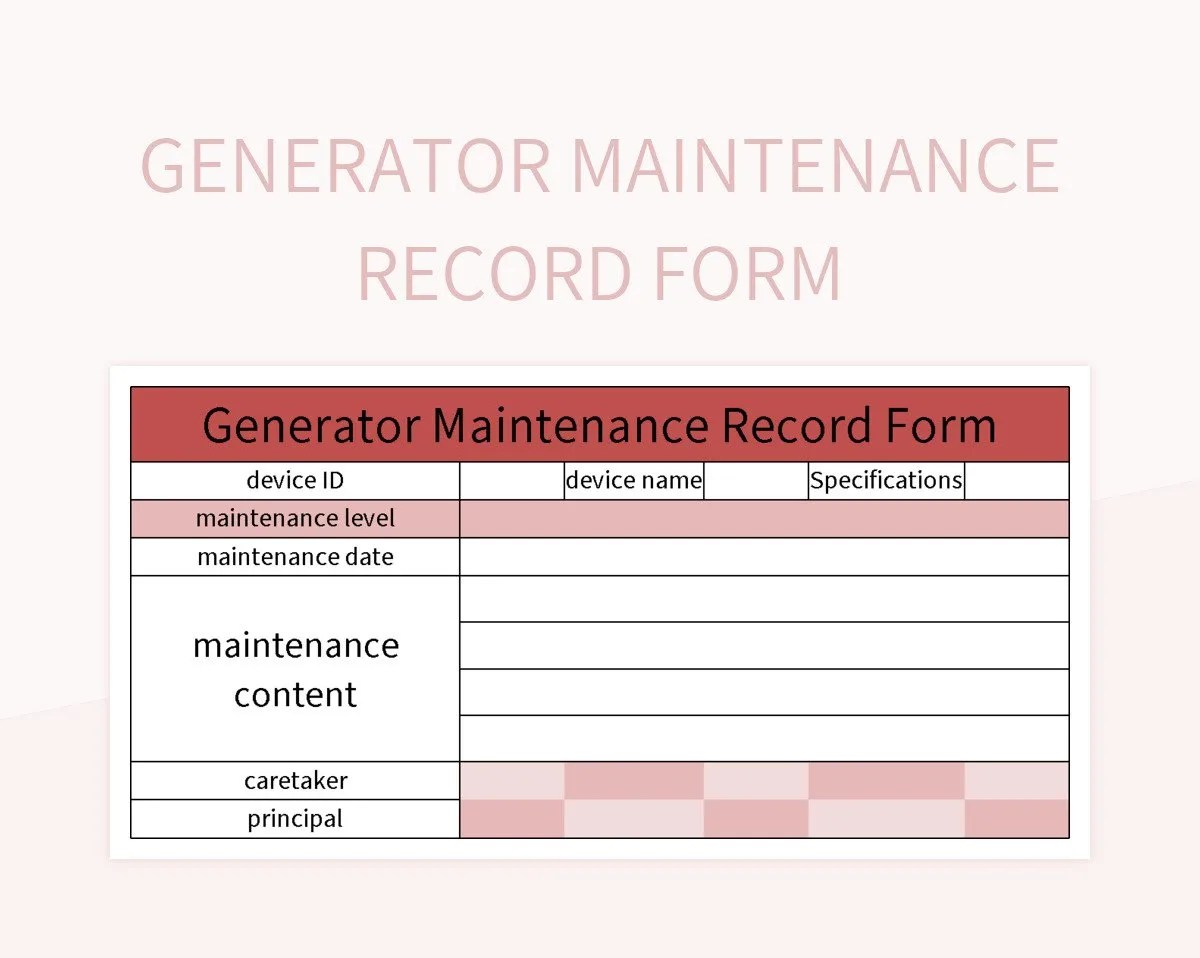 Generator Maintenance Record Form Excel Template And Google Sheets File