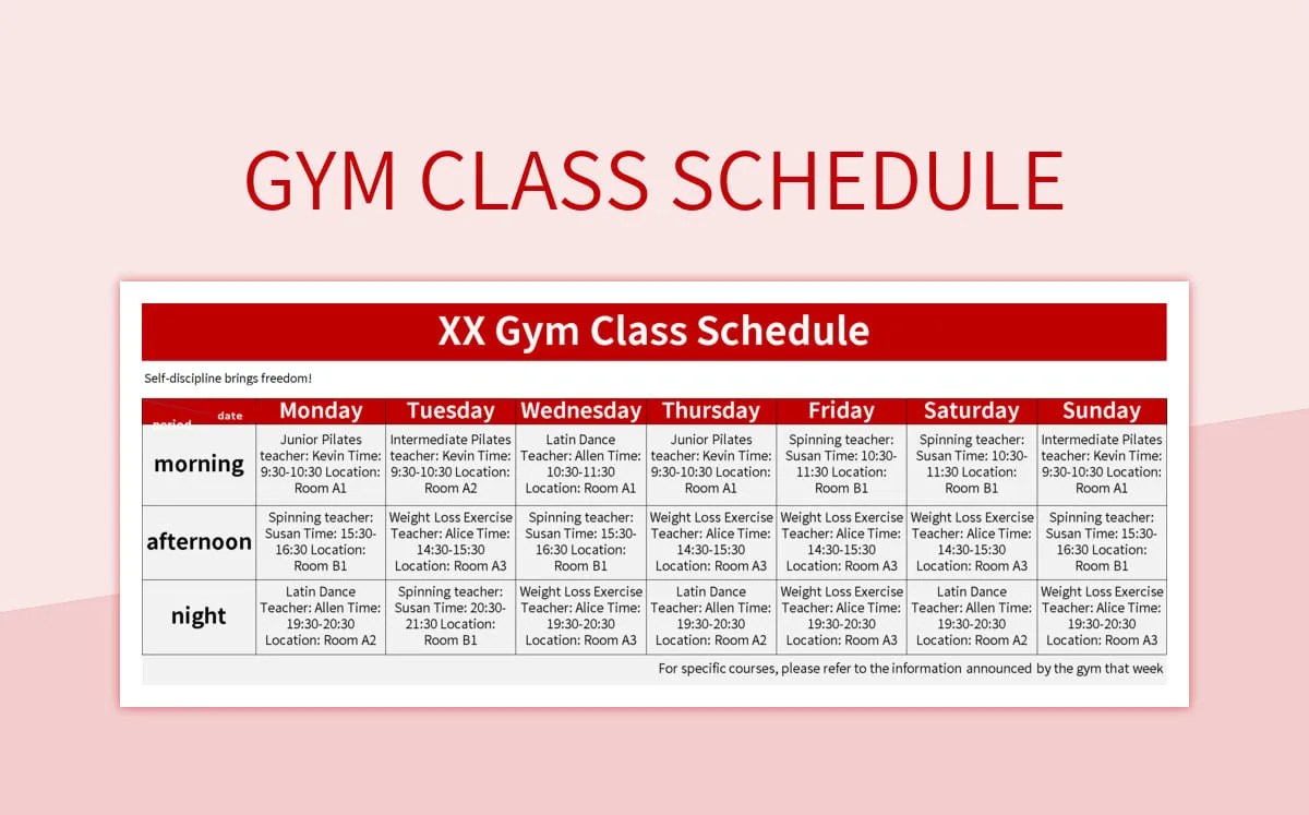Gym Class Schedule Excel Template And Google Sheets File For Free