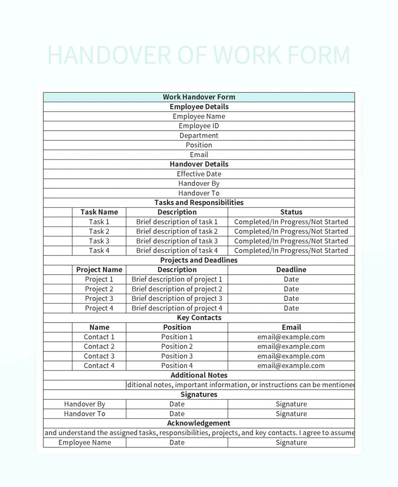 Handover Of Work Form Excel Template And Google Sheets File For Free