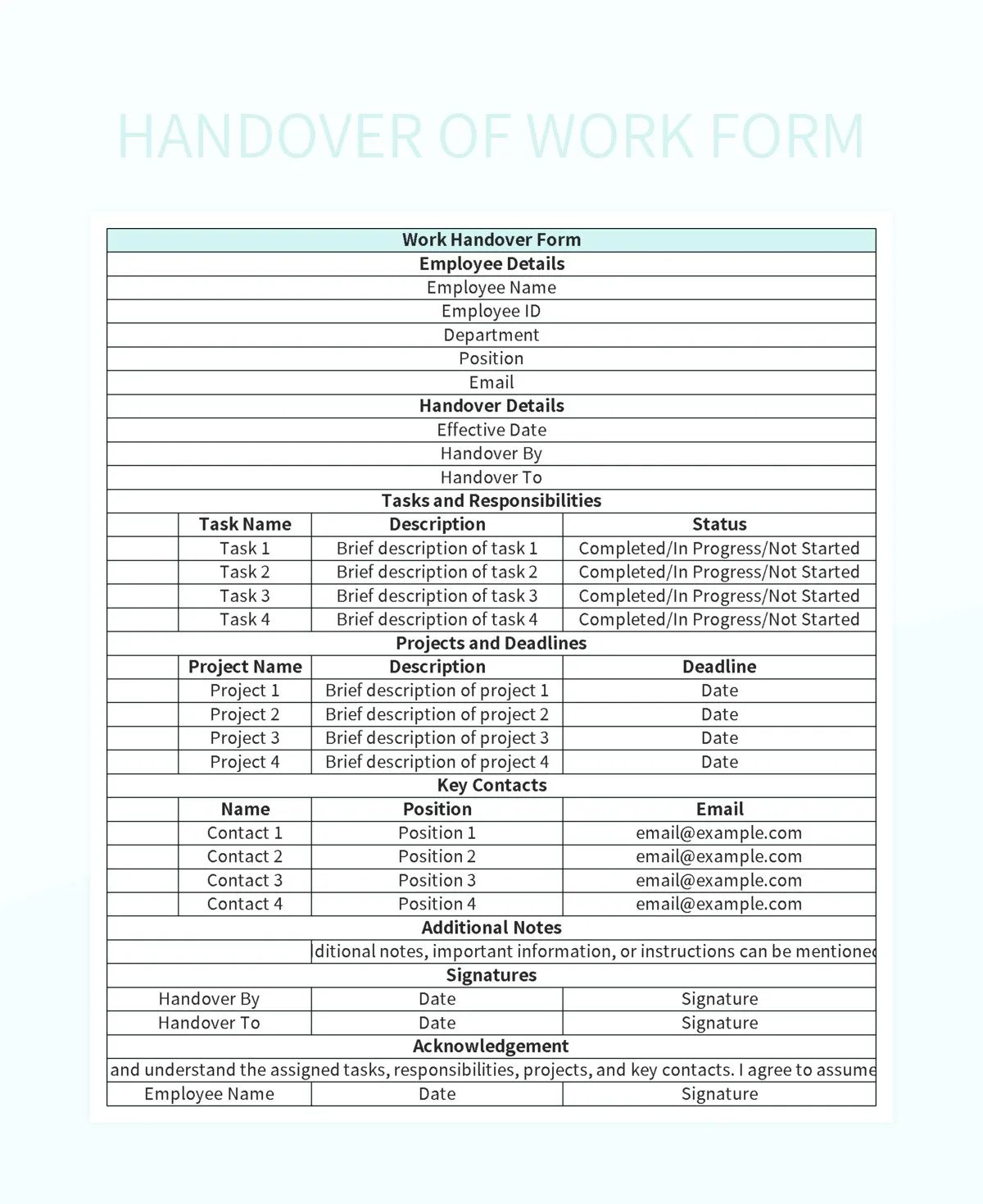 Handover Of Work Form Excel Template And Google Sheets File For Free