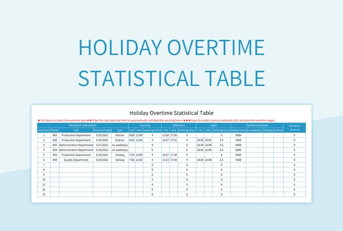 Holiday Overtime Statistical Table Excel Template And Google Sheets