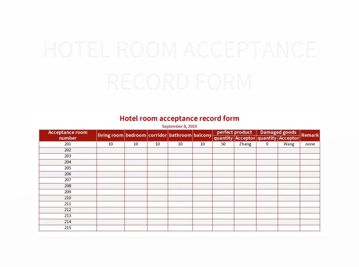 Hotel Room Acceptance Record Form Excel Template And Google Sheets File For Free Download