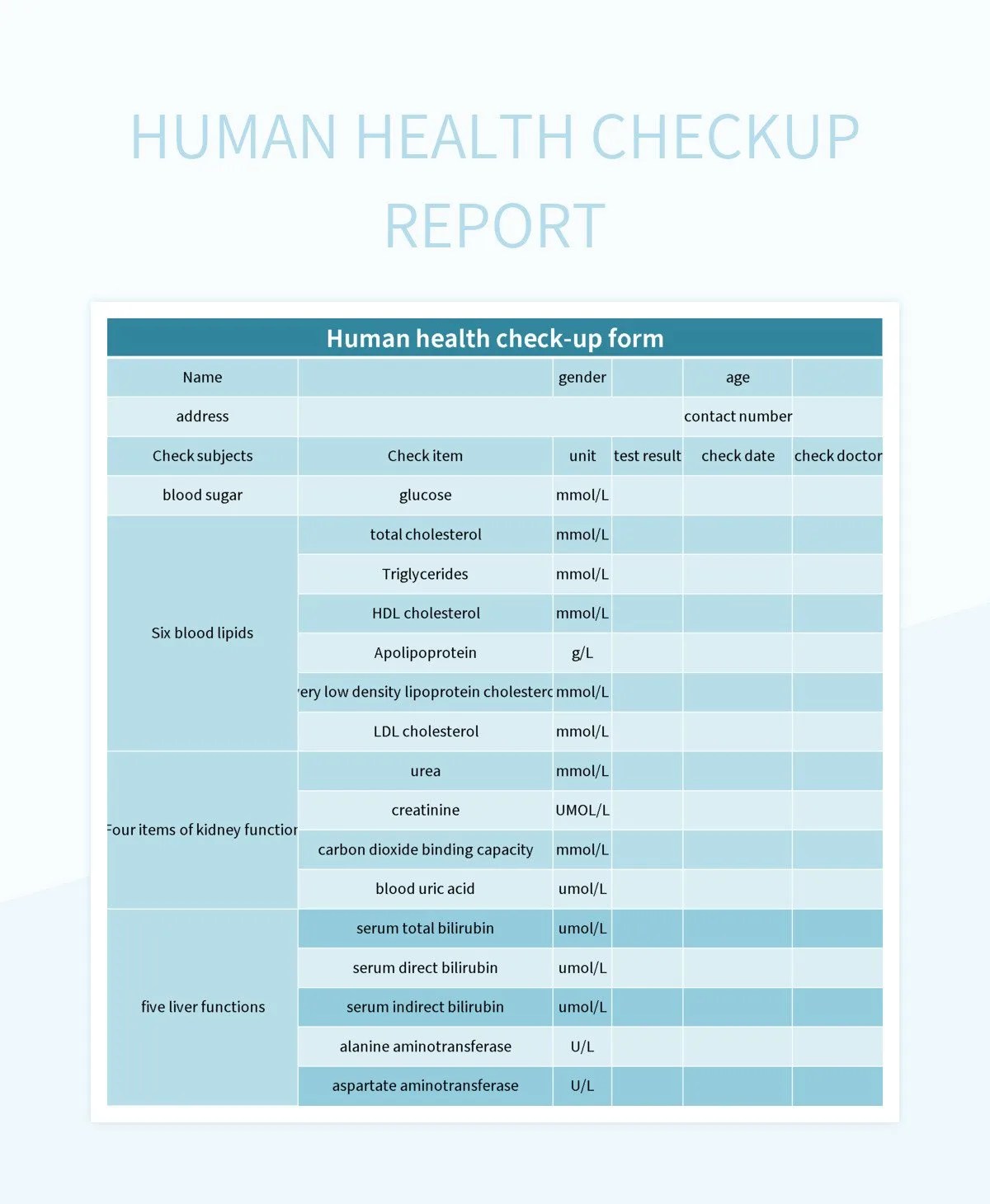 Human Health Checkup Report Excel Template And Google Sheets File For