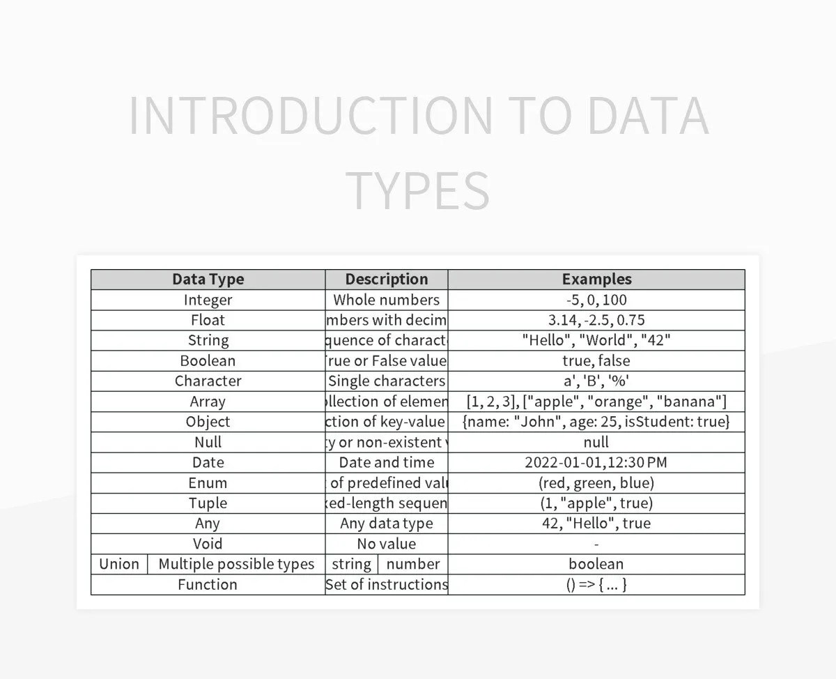 Introduction To Data Types Excel Template And Google Sheets File For