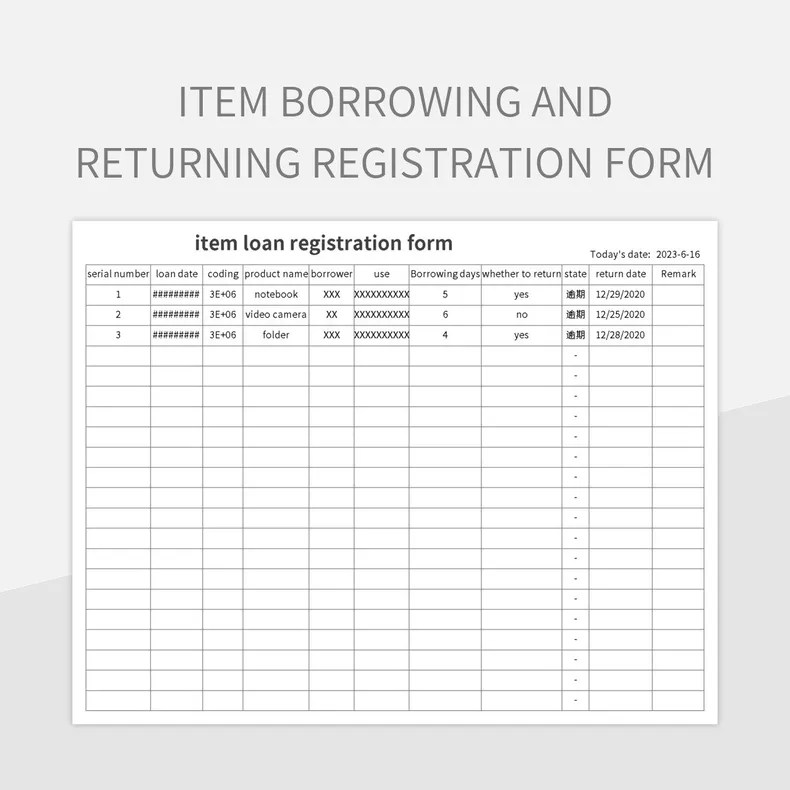 Item Borrowing And Returning Registration Form Excel Template And