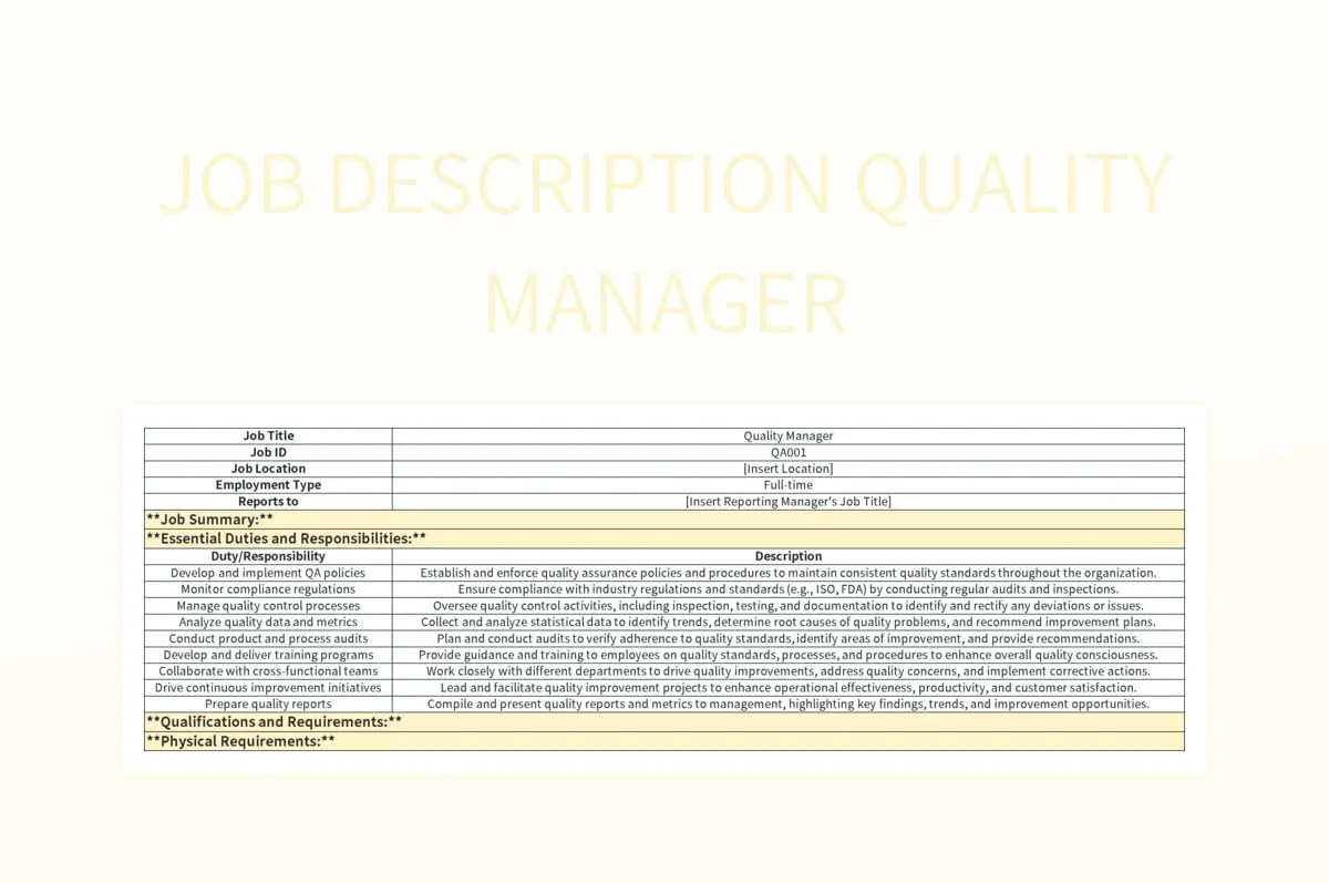 Job Description Excel Template And Google Sheets File For Free Download