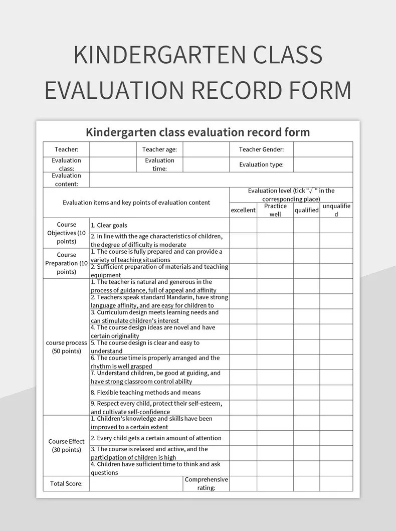 Kindergarten Class Evaluation Record Form Excel Template And Google