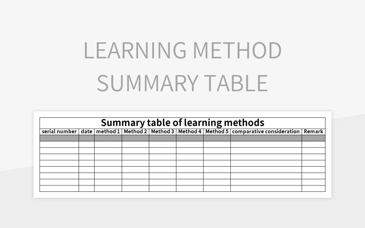 Learning Method Summary Table Excel Template And Google Sheets File For