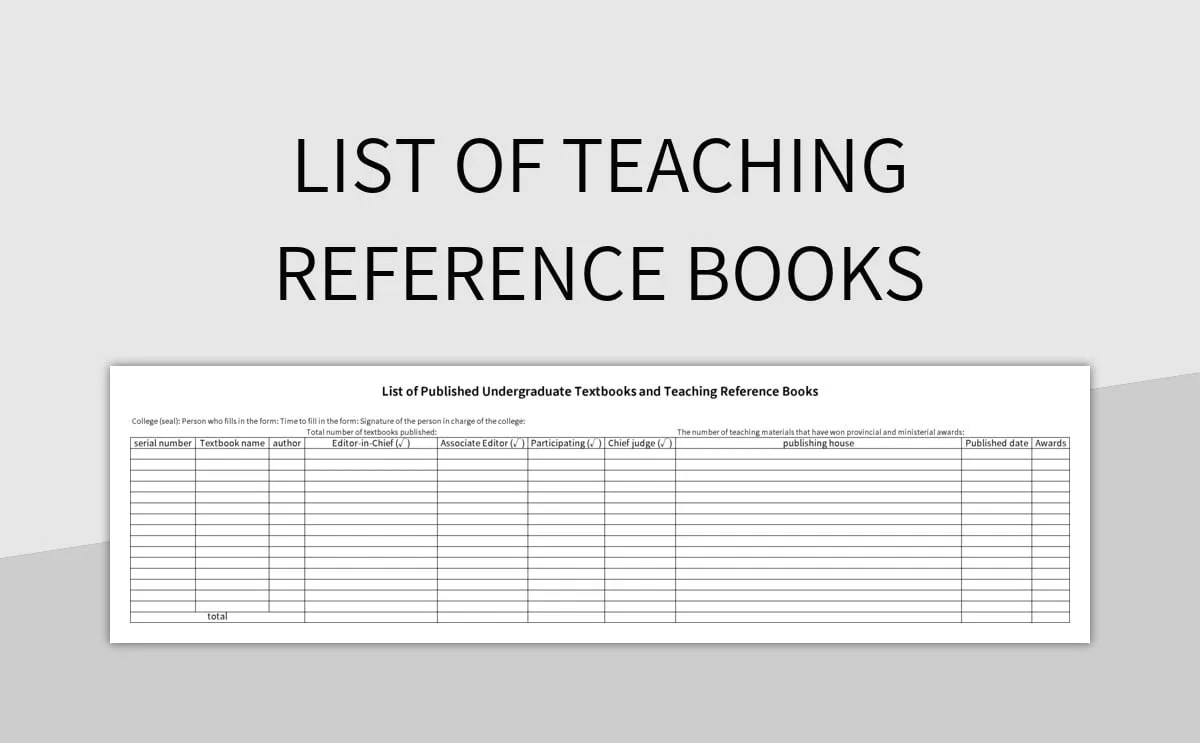 List Of Teaching Reference Books Excel Template And Google Sheets File