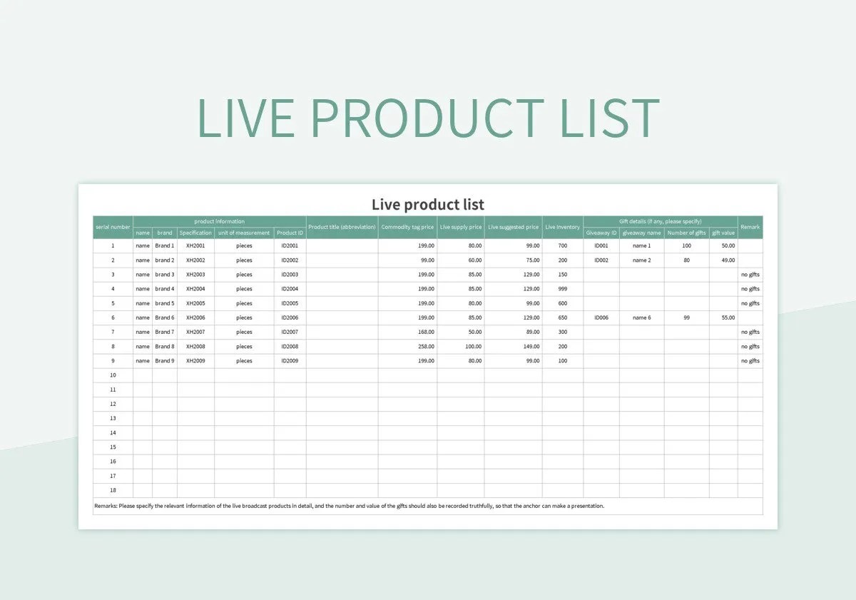 Live Product List Excel Template And Google Sheets File For Free