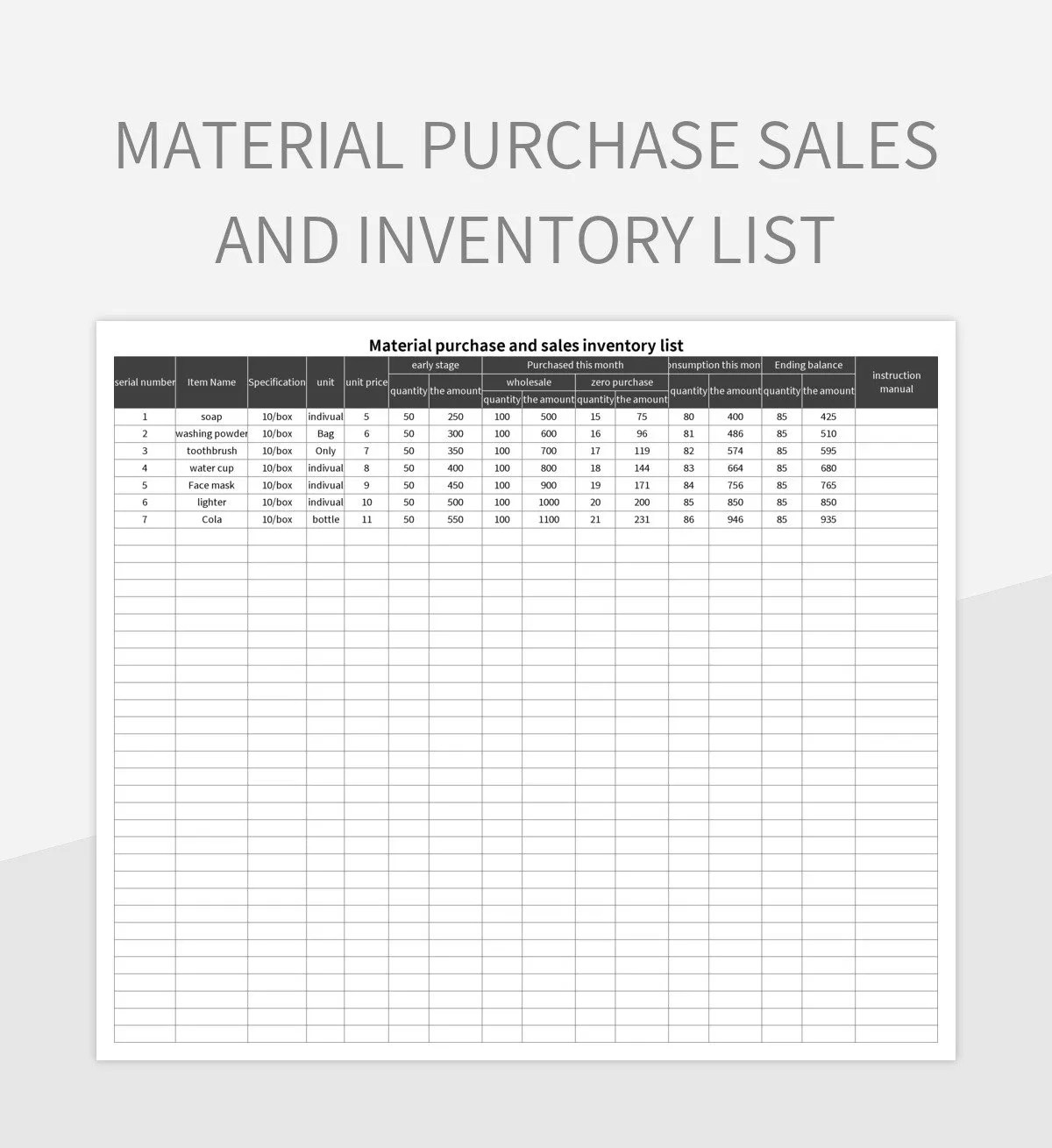 Material Purchase Sales And Inventory List Excel Template And Google