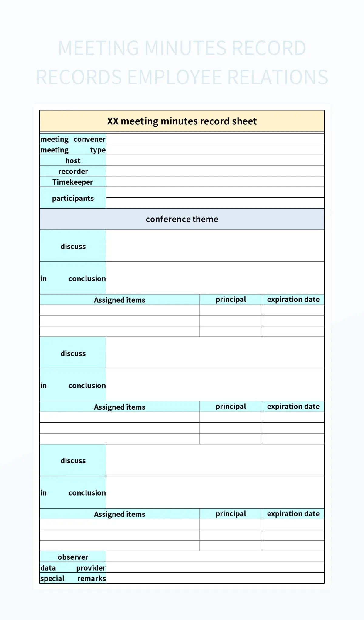 Meeting Minutes Record Records Employee Relations Excel Template And