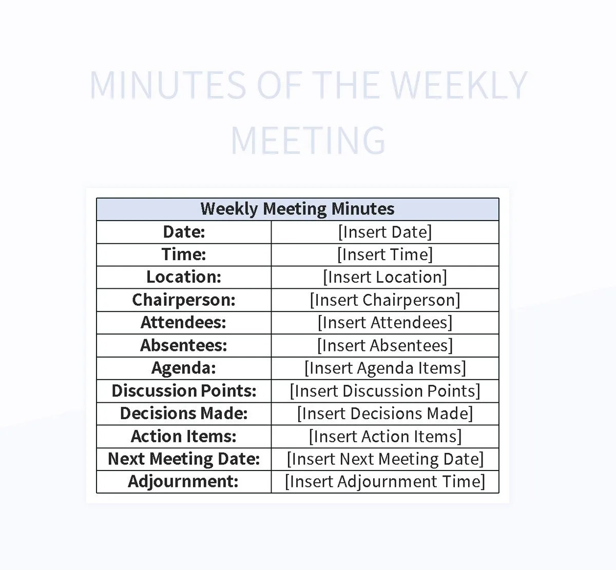 Minutes Of The Weekly Meeting Excel Template And Google Sheets File For
