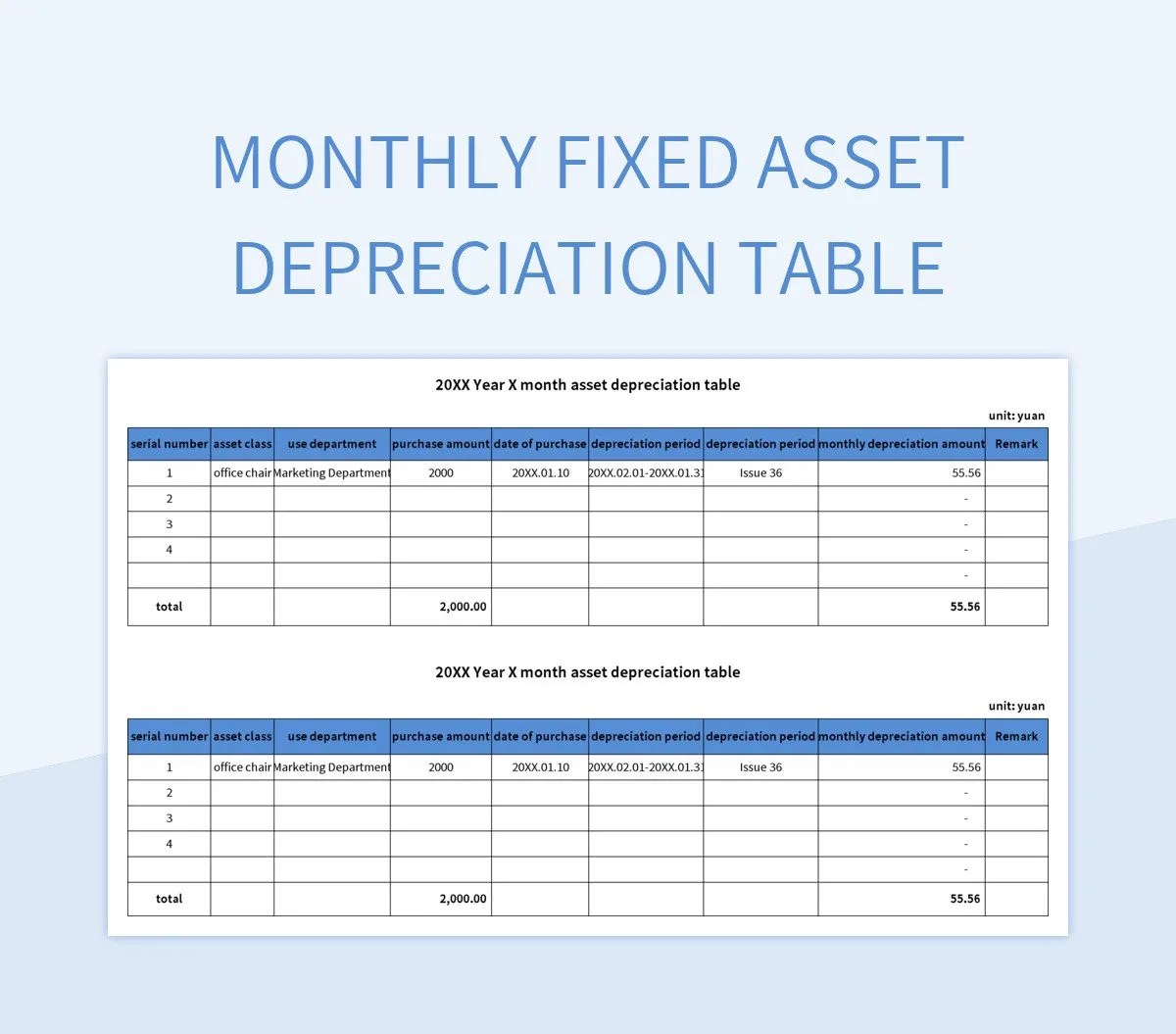 Monthly Fixed Asset Depreciation Table Excel Template And Google Sheets