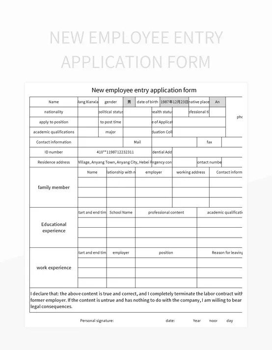 New Employee Entry Application Form Excel Template And Google Sheets