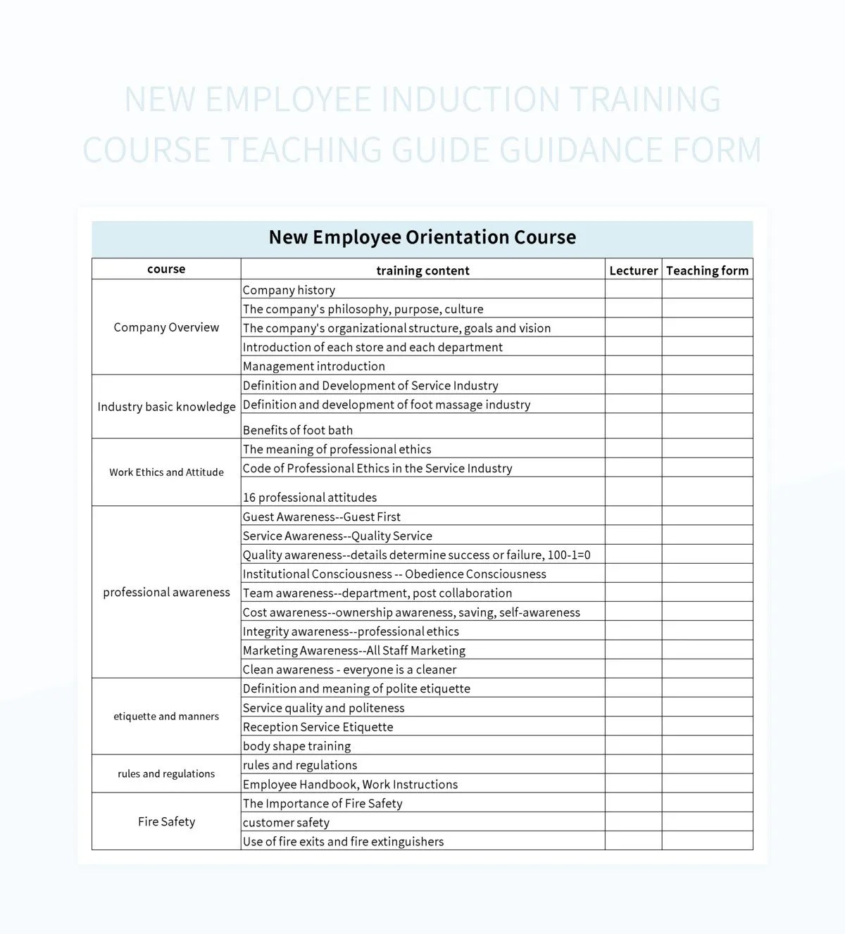 New Employee Induction Training Course Teaching Guide Guidance Form