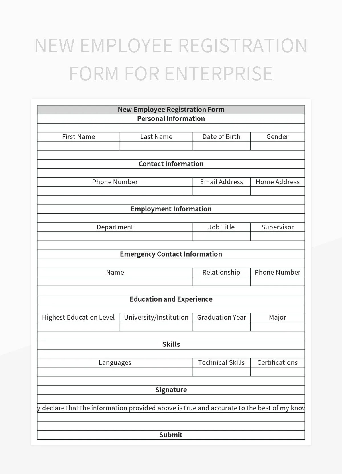 Free Enterprise Employee Registration Form Templates For Google Sheets