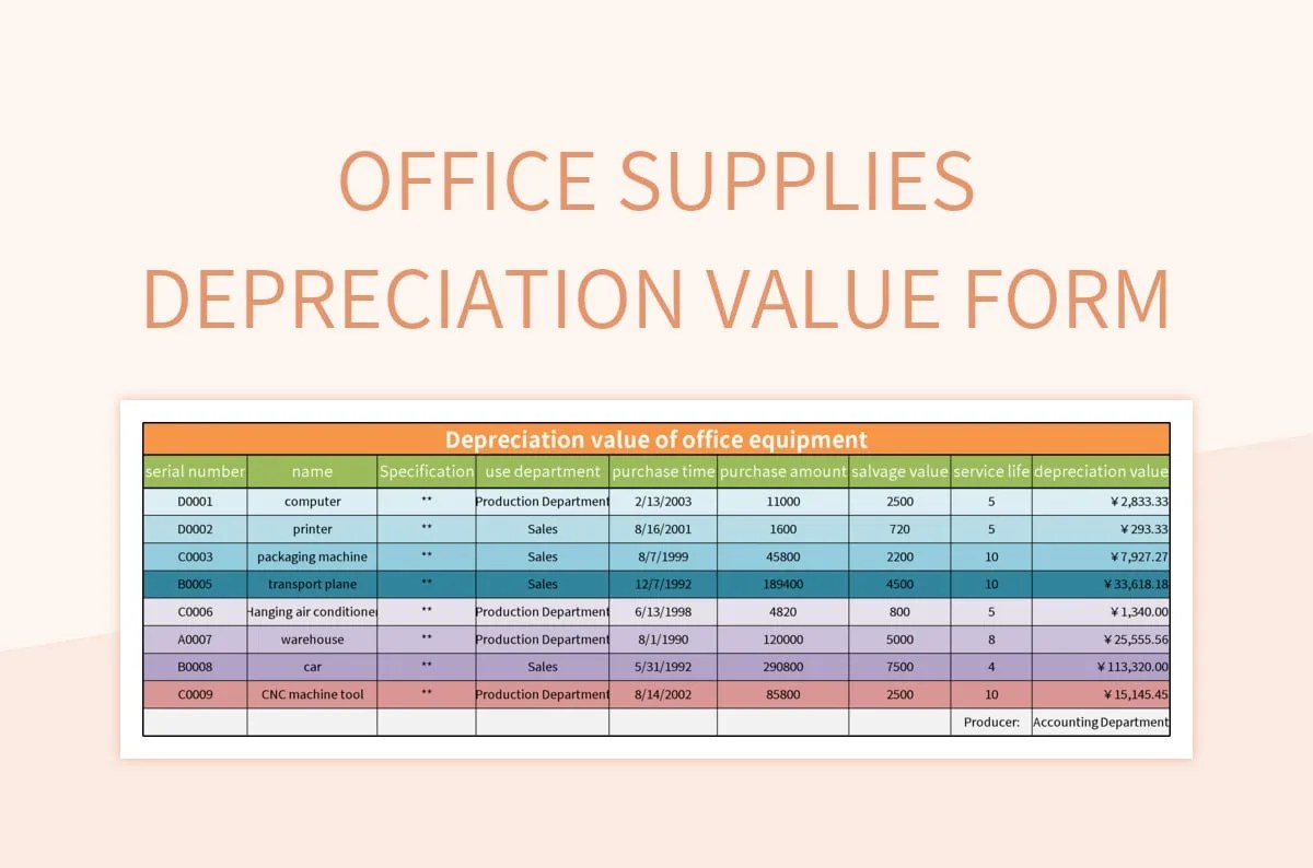Office Supplies Depreciation Value Form Excel Template And Google Sheets File For Free Download