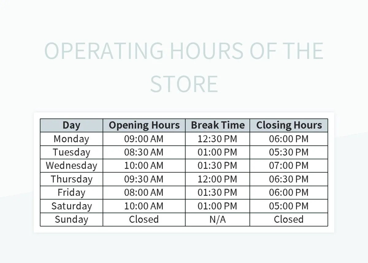 Operating Hours Of The Store Excel Template And Google Sheets File For