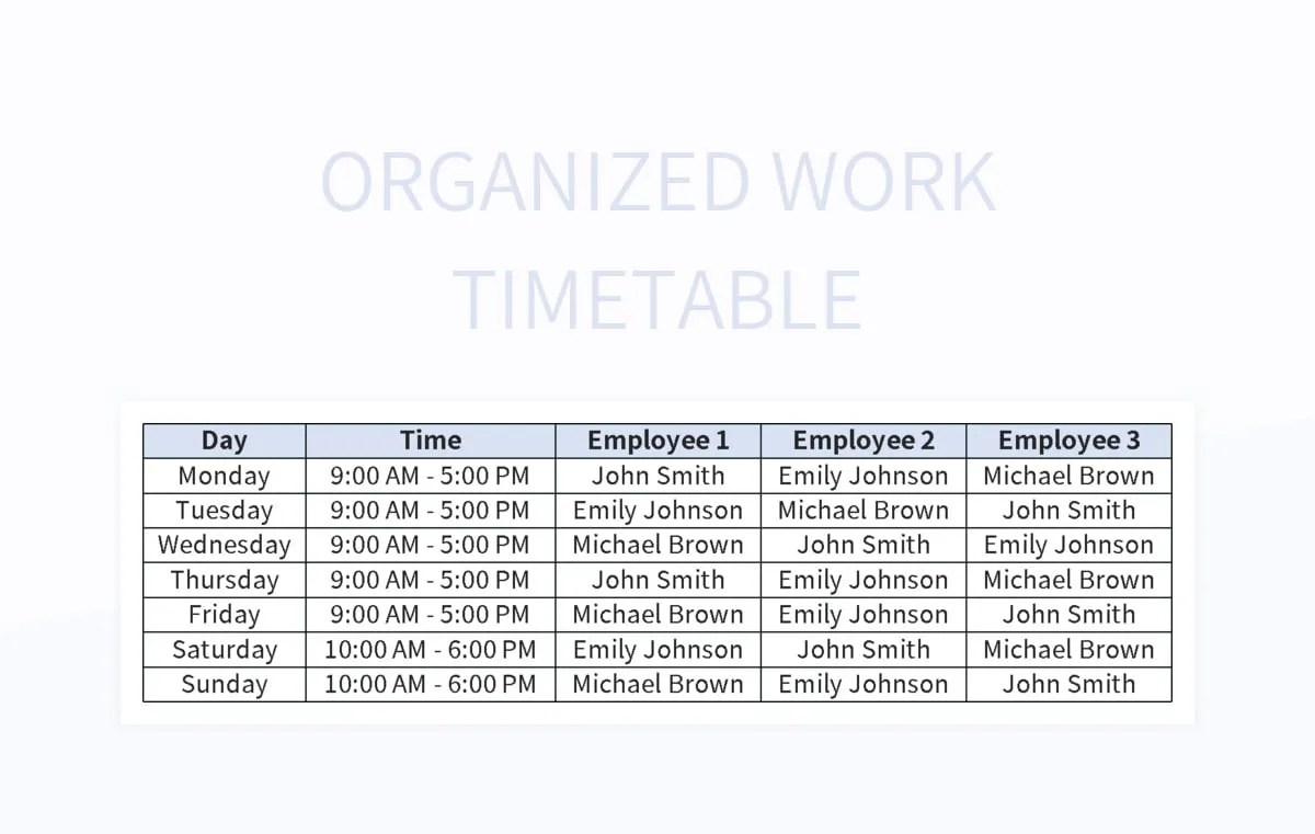 Organized Work Timetable Excel Template And Google Sheets File For Free