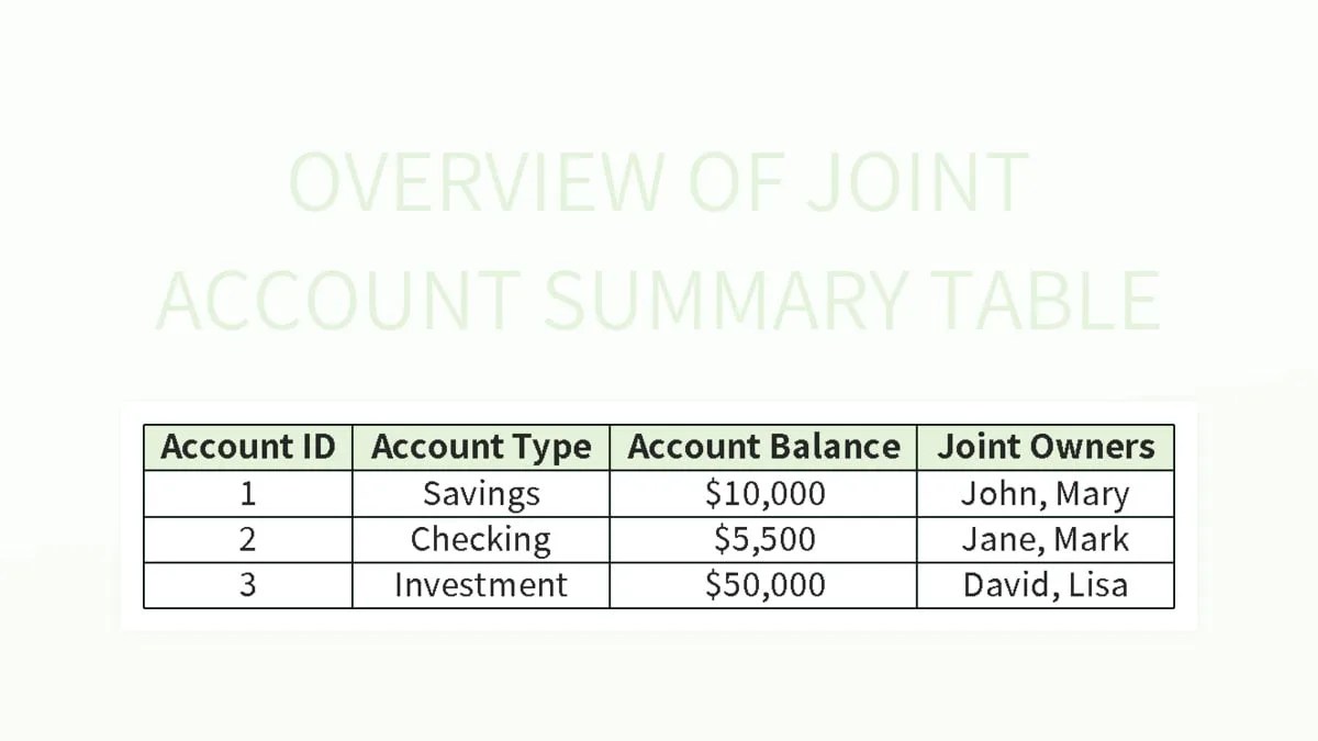 Overview Of Joint Account Summary Table Excel Template And Google
