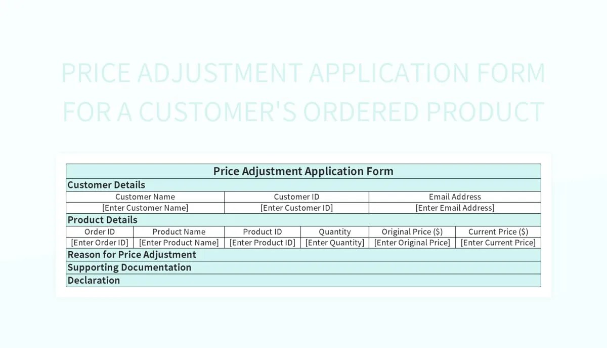 Price Adjustment Application Form For A Customer's Ordered Product