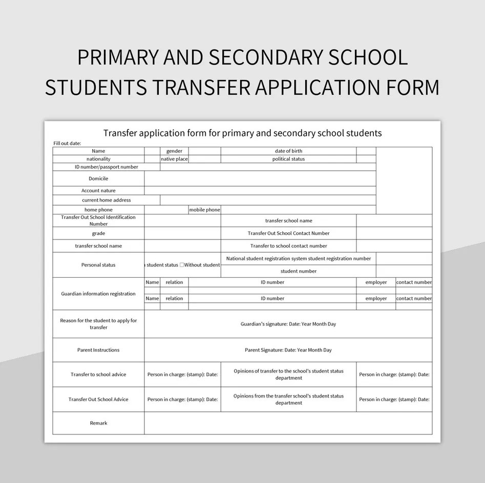 Primary And Secondary School Students Transfer Application Form Excel Template And Google Sheets